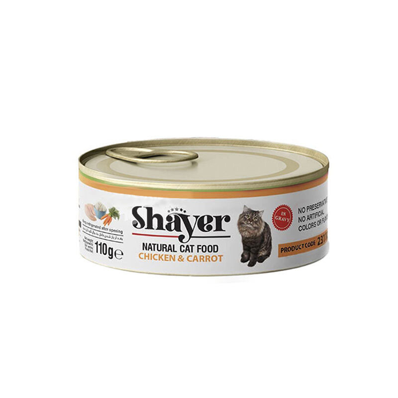  تصویر 3 جزئیات کنسرو غذای گربه شایر با طعم مرغ و هویج Shayer Natural With Chicken & Carrot در سس گوشت وزن 110 گرم 