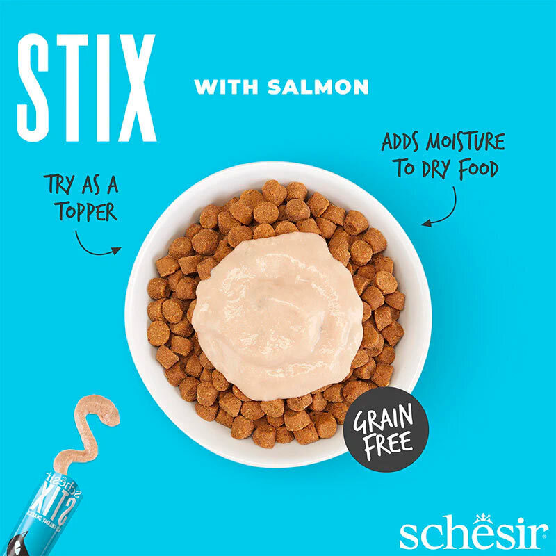  تصویر محتویات بستنی گربه شسیر با طعم ماهی سالمون Schesir Stix Salmon Flavour Cream Snacks بسته 6 عددی 