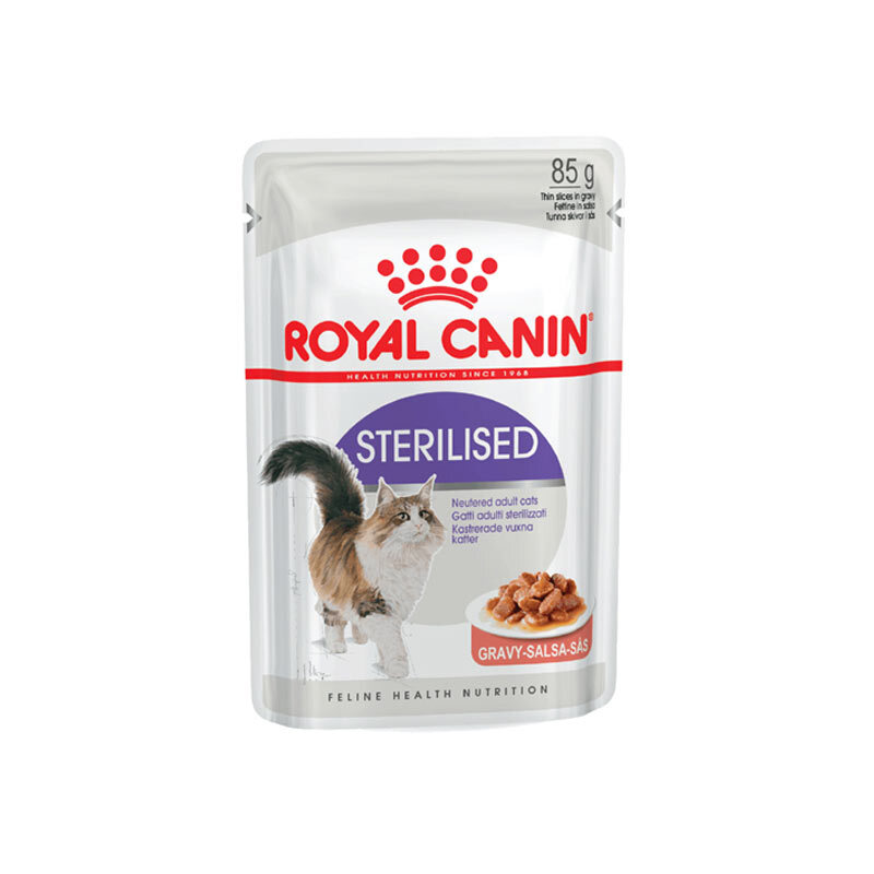  تصویر پوچ گربه عقیم شده رویال کنین در سس گوشت Royal Canin Pouch Sterilised in Gravy وزن 85 گرم از نمای رو به رو 