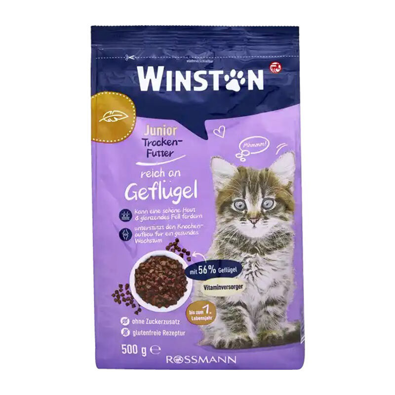  عکس جلو بسته‌بندی غذای خشک بچه گربه وینستون با طعم مرغ و جگر Winston Kitten Dry Food With Chicken & liver وزن 500 گرم 