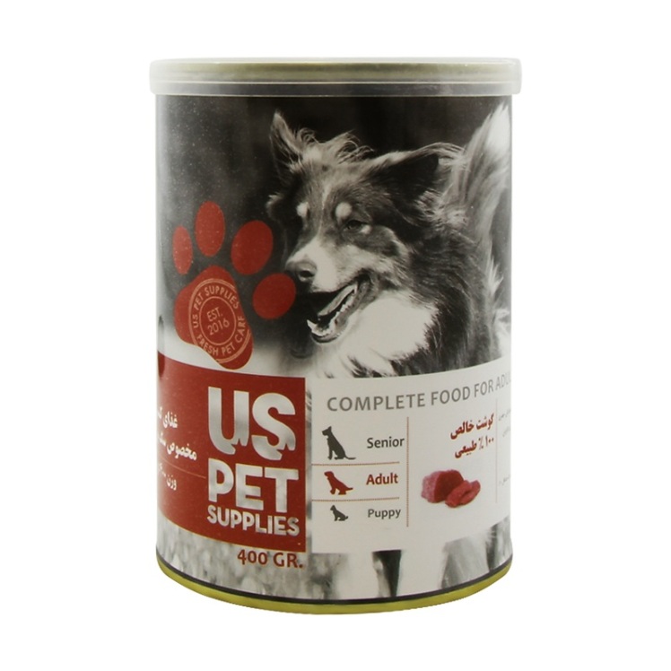 تصویر پشت کنسرو غذای سگ یو اس پت با طعم گوشت خالص گاو UsPet Canned Food With Pure Beef وزن 400 گرم
