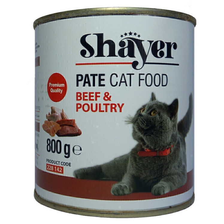 تصویر پشت بسته بندی کنسرو غذای گربه شایر با طعم گوشت گاو و پرندگان Shayer Premium With Beef & Poultry وزن 800 گرم