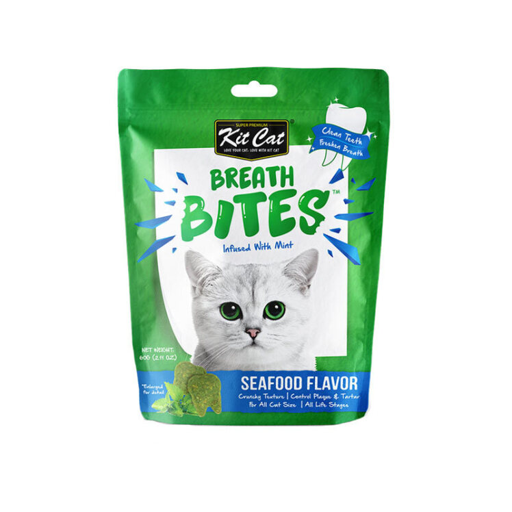تصویر تشویقی دنتال گربه کیت کت با طعم غذای دریایی KitCat Breath Bites Seafood وزن 60 گرم