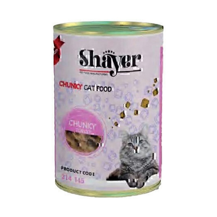 تصویر توضیحات کنسرو غذای گربه شایر با طعم بوقلمون Shayer Chunky Turkey وزن 400 گرم