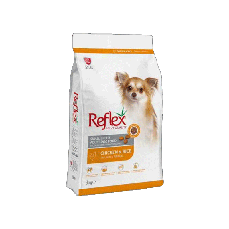 تصویر غذای خشک سگ بالغ با نژاد کوچک با طعم مرغ و برنج رفلکس Reflex Adult Chicken And Rice وزن 3 کیلوگرم