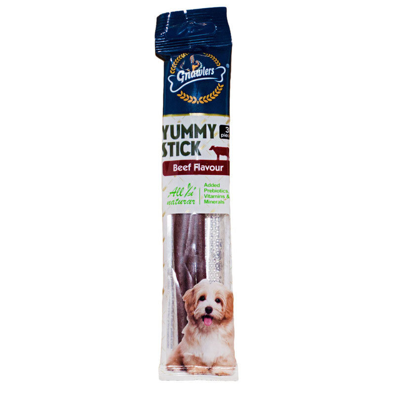  عکس بسته‌بندی تشویقی مدادی سگ گناولرز حاوی پروتئین سویا با طعم بیف Gnawlers Yummy Stick Beef Flavour Dog Treat بسته 3 عد 