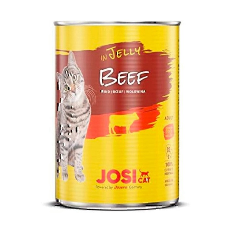 تصویر از بالا کنسرو غذای گربه جوسرا با طعم گوشت گاو Josicat Beef in jelly وزن 400 گرم
