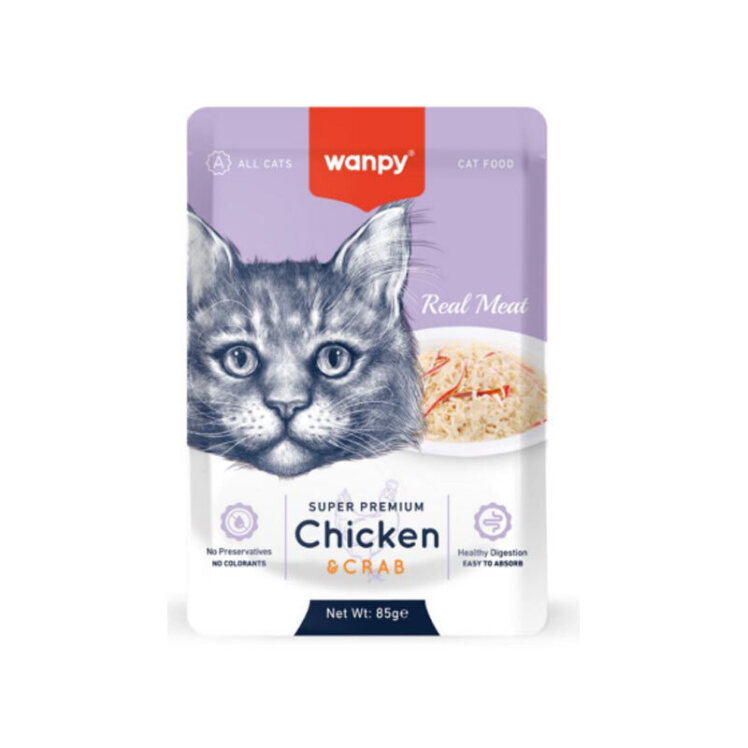 تصویر پوچ گربه با گوشت واقعی ونپی با طعم مرغ و خرچنگ Wanpy Cat Pouch Chicken And Crab بسته 12 عددی