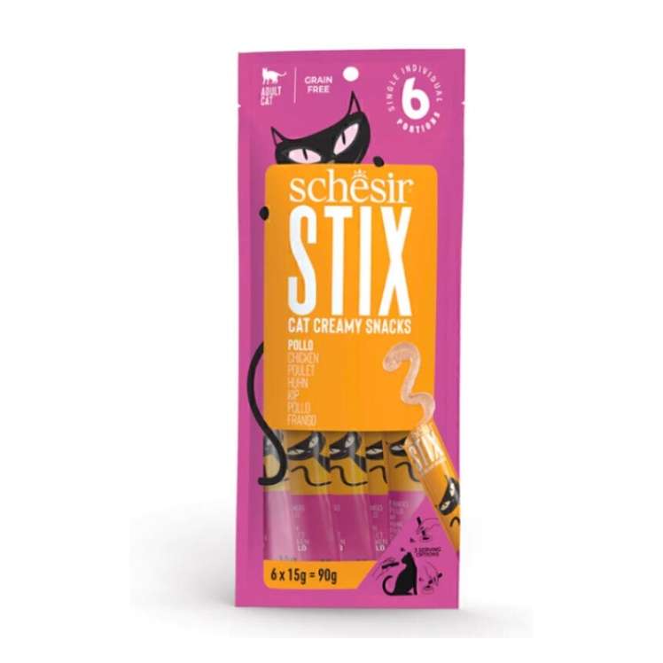 تصویر جزئيات بستنی گربه شسیر با طعم مرغ Schesir Stix Chicken Flavour Cream Snacks بسته 6 عددی