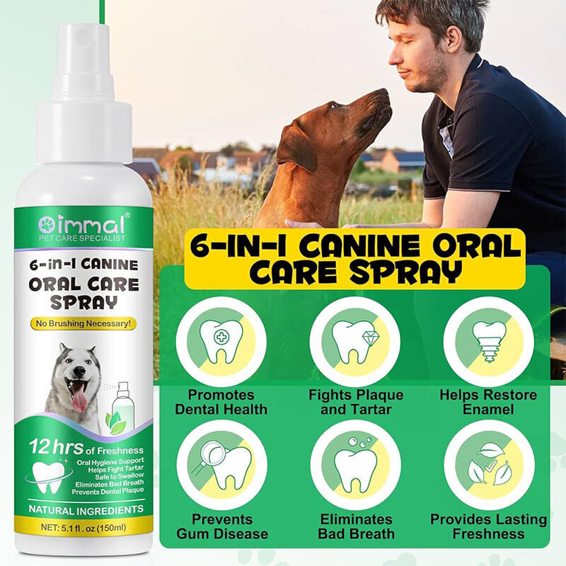  عکس نحوه مصرف اسپری مراقبت از دهان سگ اویمال حاوی عصاره آلوئه‌ورا و چای سبز Oimmal Oral Care Dog Spray حجم 150 میلی‌لیتر 