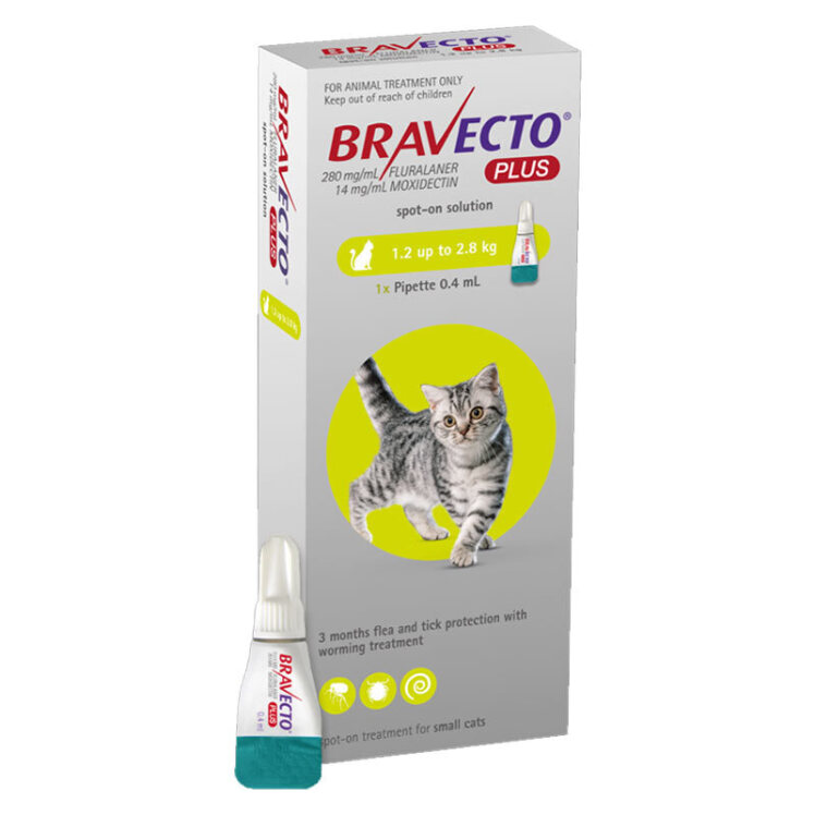 تصویر بسته بندی قطره موضعی ضدکک و کنه براوکتو مناسب گربه کوچک با وزن 1.2 تا 2.8 کیلوگرم