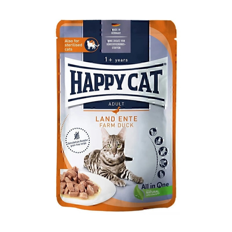 تصویر محتویات پوچ گربه هپی کت با طعم اردک Happy Cat Culinary Farm Duck وزن 85 گرم