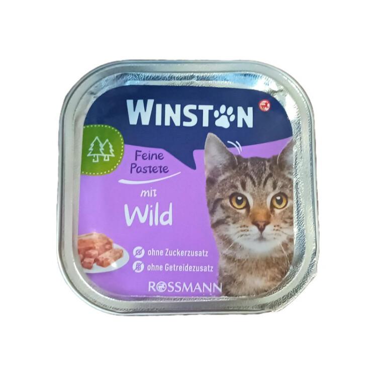 تصویر جلو بسته بندی غذای کاسه ای گربه وینستون با طعم گوشت شکاری Winston Prey meat وزن 100 گرم