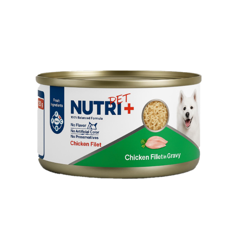  کنسرو غذای سگ نوتری نچرال با طعم مرغ Nutri Chicken Fillet in Gravy وزن 120 گرم از نمای رو به رو 