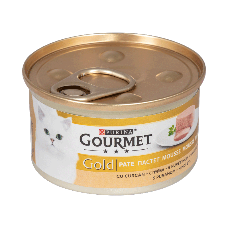  تصویر نمای بالا کنسرو غذای گربه گورمت مدل Gold Turkey وزن ۸۵ گرم 