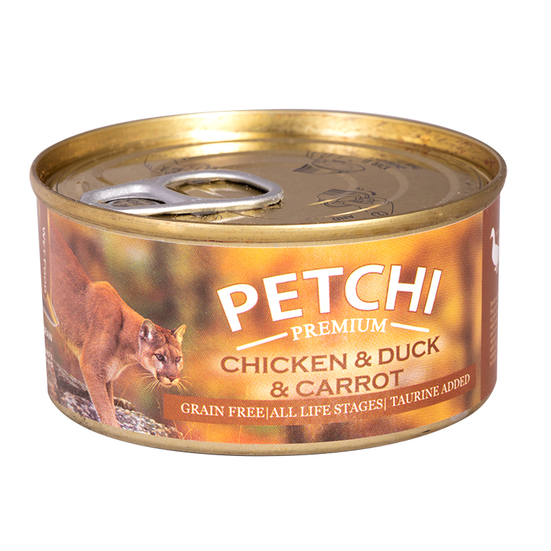  عکس بسته بندی کنسرو غذای گربه پتچی مدل Chicken & Duck & Carrot وزن 120 گرم 