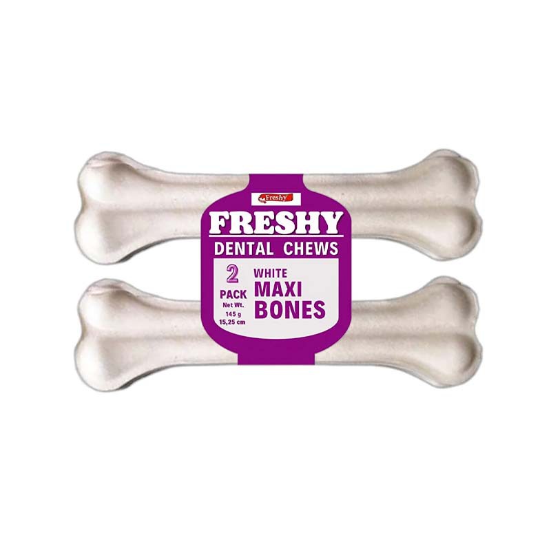  عکس استخوان تشویقی دنتال سگ فرشی Freshy Dental White Maxi Bones بسته 2 عددی از نمای رو به رو 