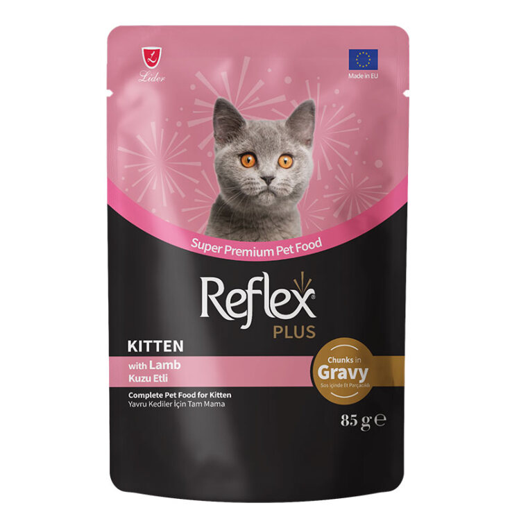 عکس بسته بندی پوچ بچه گربه رفلکس پلاس با طعم بره در سس Reflex Plus Chunks In Gravy With Lamb وزن 85 گرم