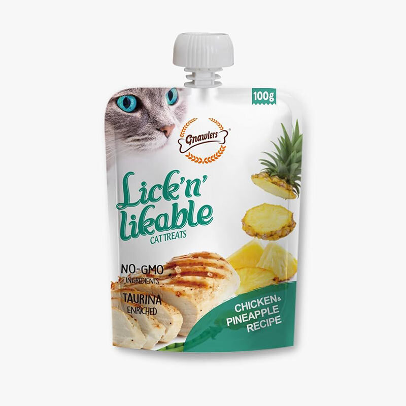  عکس پودینگ گربه گناولرز با طعم مرغ و آناناس Gnawlers Lickable Cat Treat With Chicken & Pineapple وزن 100 گرم 