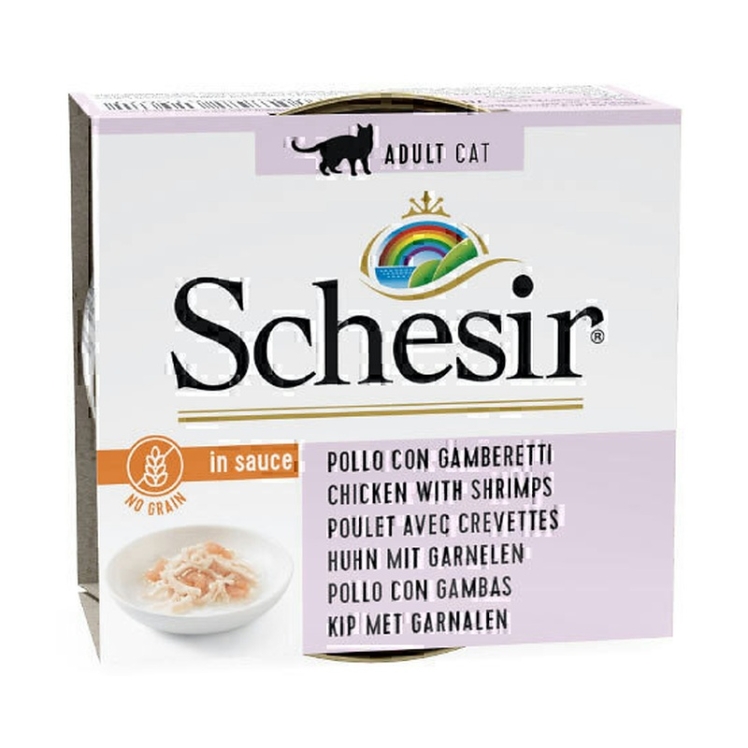تصویر محتویات کنسرو غذا گربه شسیر با طعم مرغ و میگو Schesir Chicken & Shrimps In Sauce وزن 85 گرم
