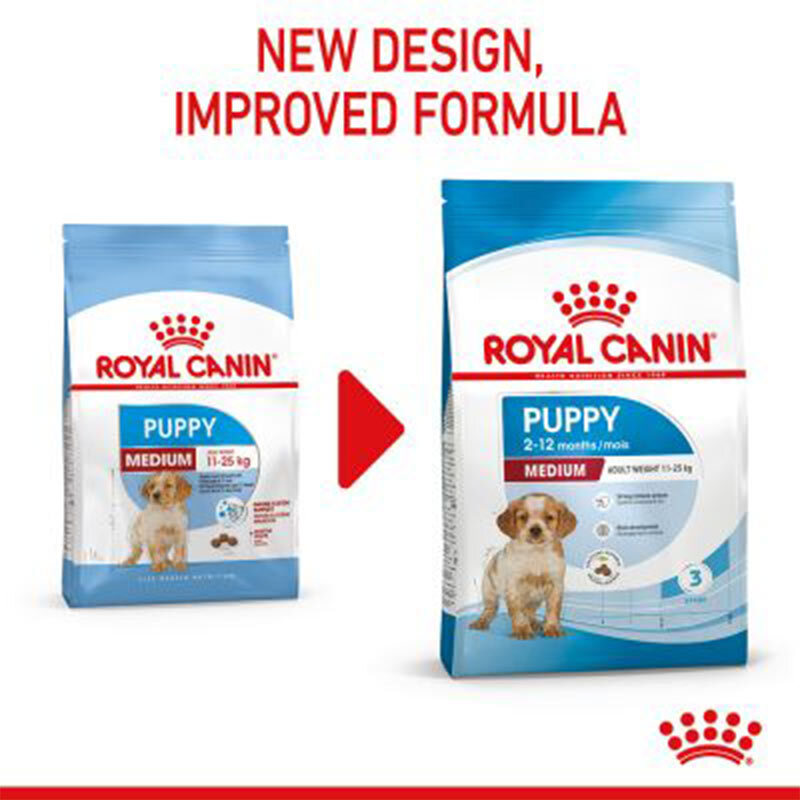  عکس بسته‌بندی جدید غذای خشک توله سگ نژاد متوسط رویال کنین Royal Canin Medium Puppy وزن 15 کیلوگرم 