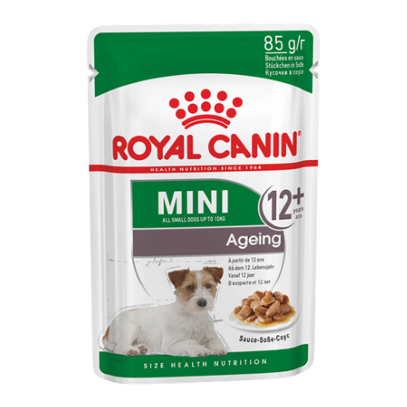  تصویر پوچ سگ مسن نژاد کوچک رویال کنین Royal Canin Mini Dog Ageing وزن 85 گرم از نمای رو به رو 