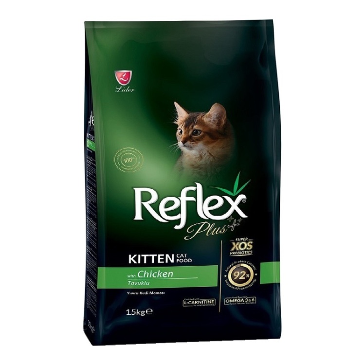 تصویر پشت بسته بندی غذای خشک بچه گربه رفلکس پلاس با طعم مرغ Reflex Plus Chicken Kitten وزن 15 کیلوگرم