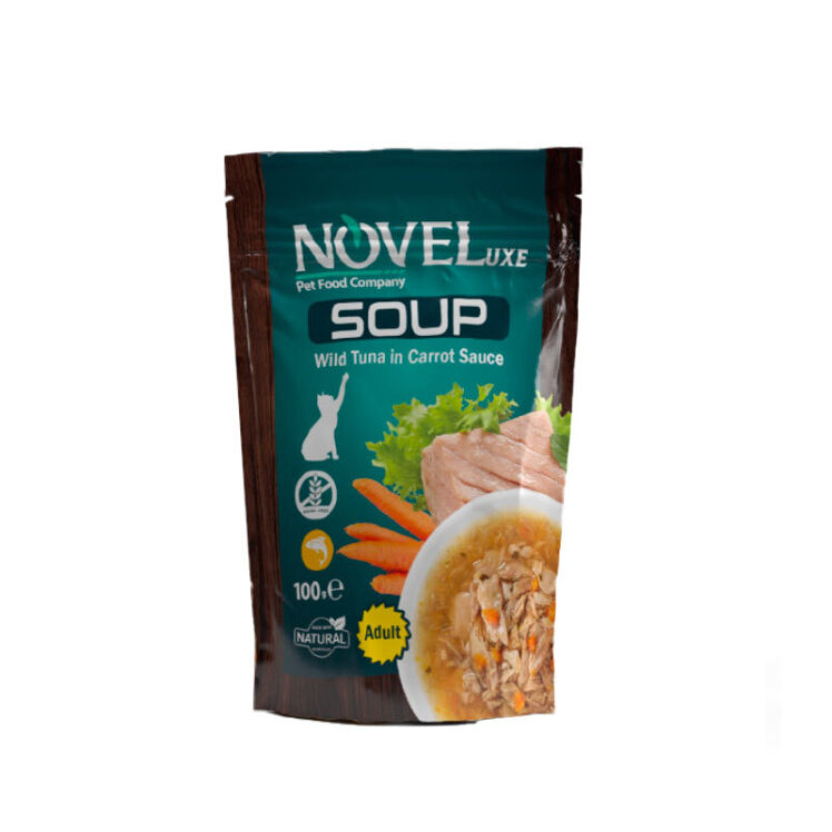 عکس پوچ سوپ گربه نوول با طعم ماهی تن در سس هویج Novel Soup Wild Tuna in Carrot Sauce وزن 100 گرم از نمای جلو