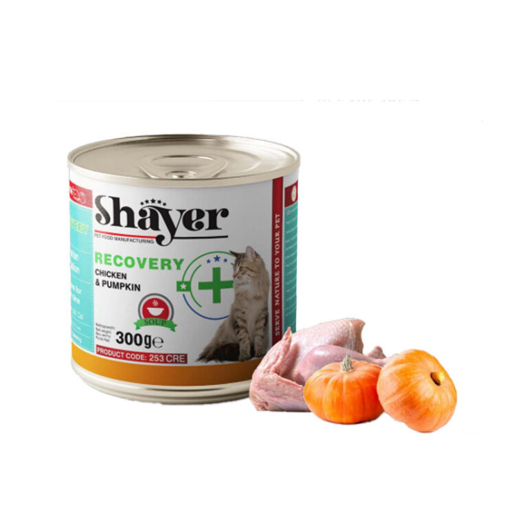 تصویر کنسرو سوپ ریکاوری گربه مرغ و کدو‌حلوایی شایر Shayer Recovery Soup With Chicken & Pumpkin وزن 300 گرم