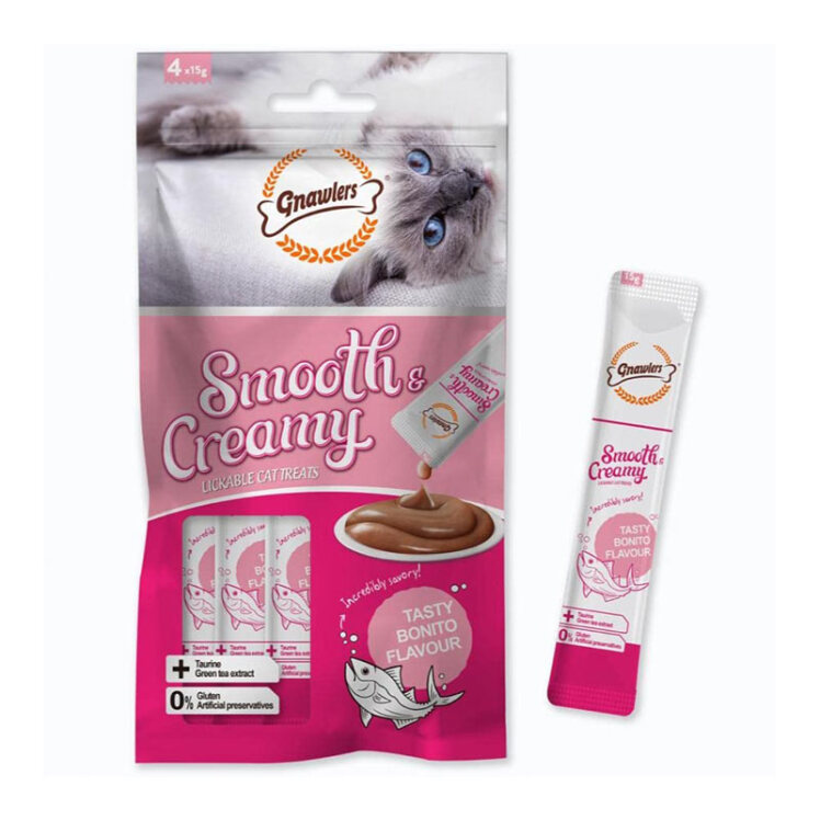 عکس بستنی گربه گناولرز حاوی تائورین با طعم ماهی بونیتو Gnawlers Smooth Creamy Cat Treat With Bonito Flavour بسته 4 عددی