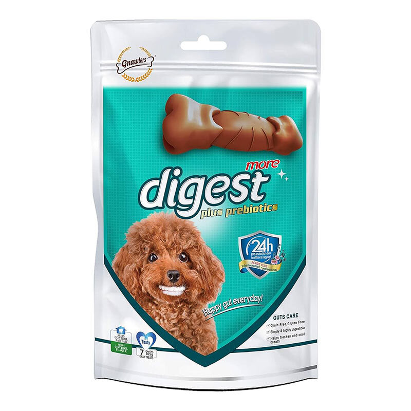  عکس بسته‌بندی تشویقی سگ گناولرز حاوی پروبیوتیک Gnawlers Digest More Dog Treat بسته 7 عددی 