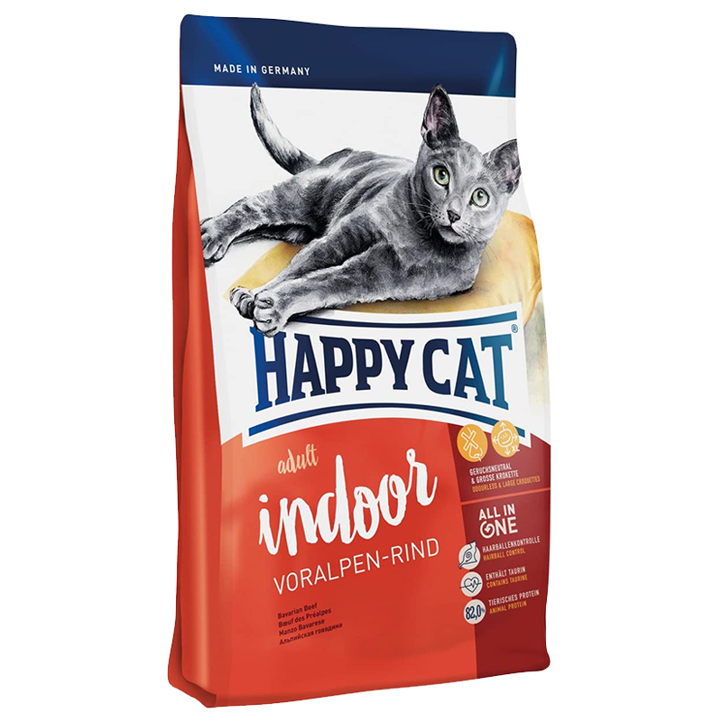  عکس بسته بندی غذای خشک گربه هپی کت مدل Adult Indoor Voralpen-Rind وزن 10 کیلوگرم 