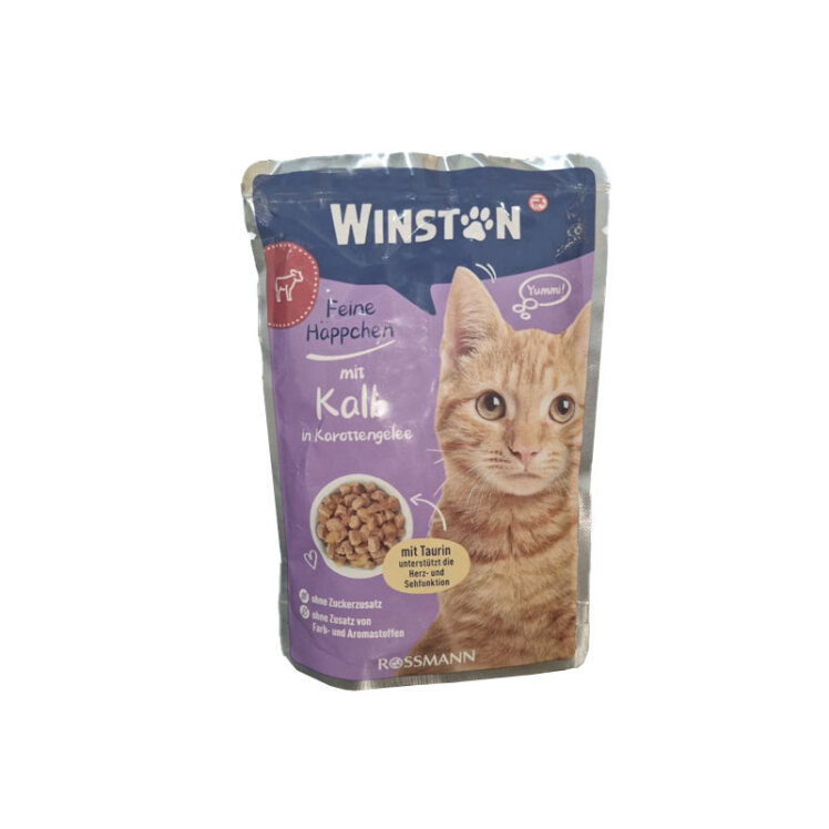 تصویر پوچ گربه وینستون با طعم گوشت گوساله در ژله هویج Winston Veal In Carrots Jelly وزن 100 گرم