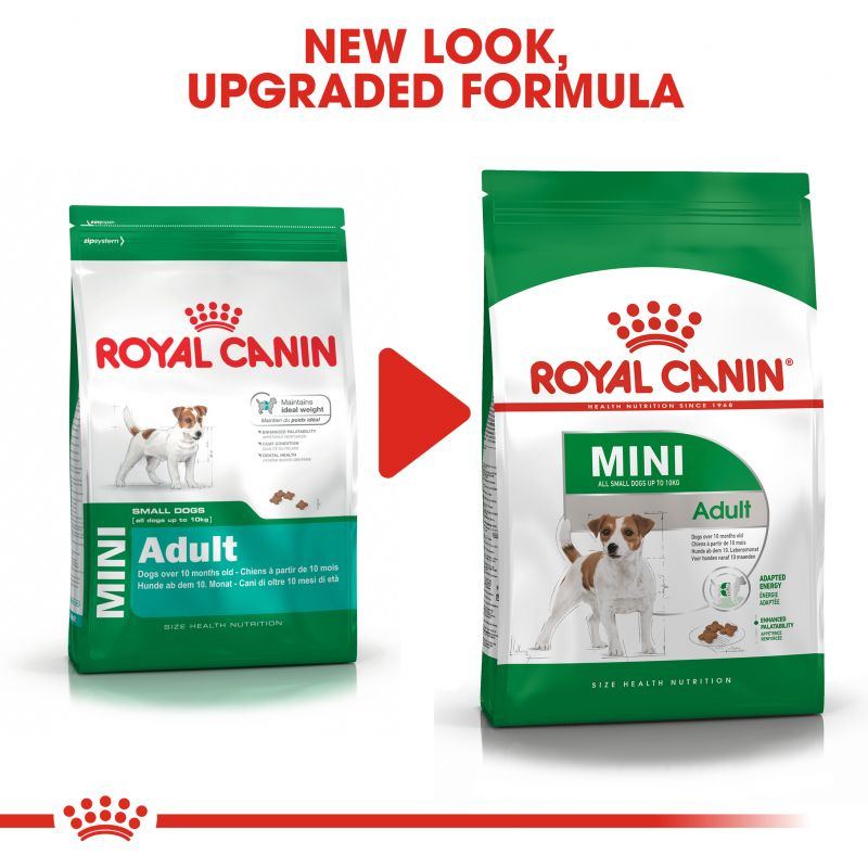  تصویر بسته بندی جدید و قدیمی غذای خشک سگ رویال کنین Royal Canin Mini Adult وزن 4 کیلوگرم 
