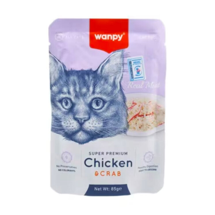 تصویر پوچ گربه سوپر پریمیوم ونپی با طعم مرغ و خرچنگ Wanpy Super Premium Chicken & Crab وزن 85 گرم از نمای رو به رو