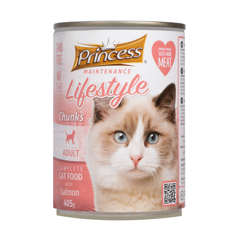  عکس بسته بندی تبلیغاتی کنسرو غذای گربه پرینسس مدل LifeStyle Salmon وزن ۴۰۵ گرم 