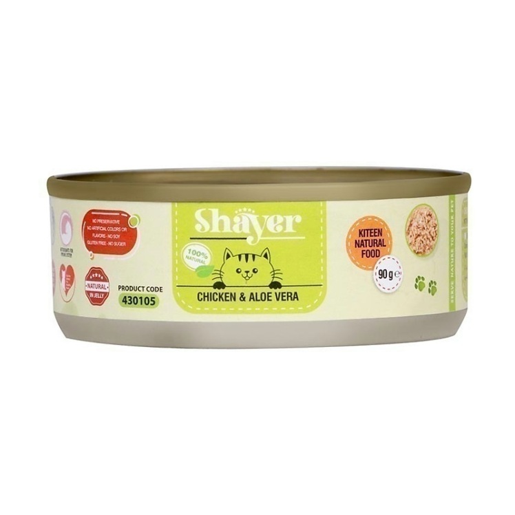 عکس بسته بندی تبلیغاتی کنسرو غذای بچه گربه شایر مدل Chicken & Aloevera وزن 90 گرم