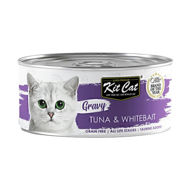 تصویر کنسرو غذای گربه کیت کت با طعم ماهی تن و بچه ماهی KitCat Tuna & Whitebait In Gravy وزن 70 گرم