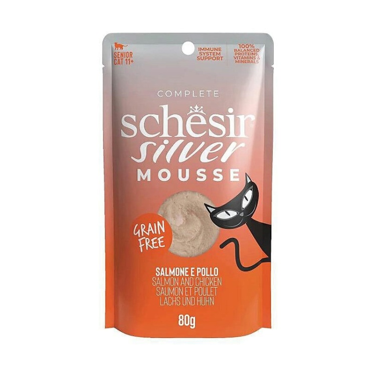 عکس بستهبندی پوچ گربه سیلور شسیر با طعم ماهی سالمون و مرغ Schesir Silver Mousse Chicken & Salmon وزن 80 گرم از نمای پشت