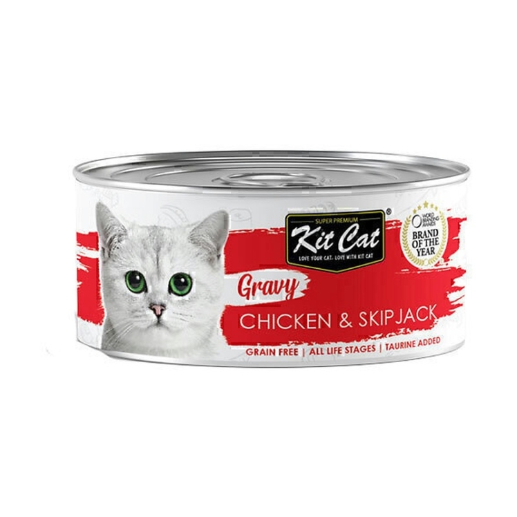 تصویر محتویات کنسرو غذای گربه کیت کت با طعم مرغ و ماهی KitCat Chicken & Skipjack In Gravy وزن 70 گرم