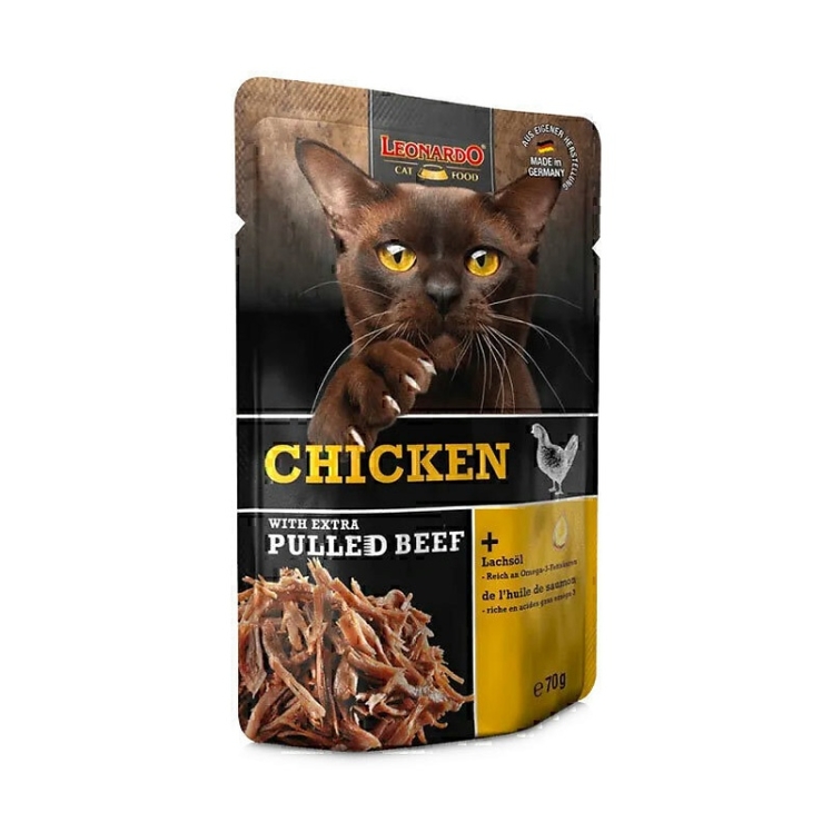 تصویر محتویات پوچ گربه لئوناردو با طعم مرغ و گوشت Leonardo Chicken & Pulled Beef وزن 70 گرم