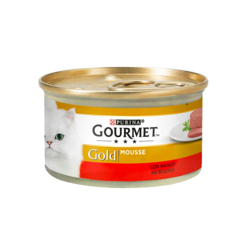  تصویر کنسرو غذای گربه گورمت با طعم گوشت گاو Gourmet Gold Mousse with Beef وزن 85 گرم از نمای رو به رو 