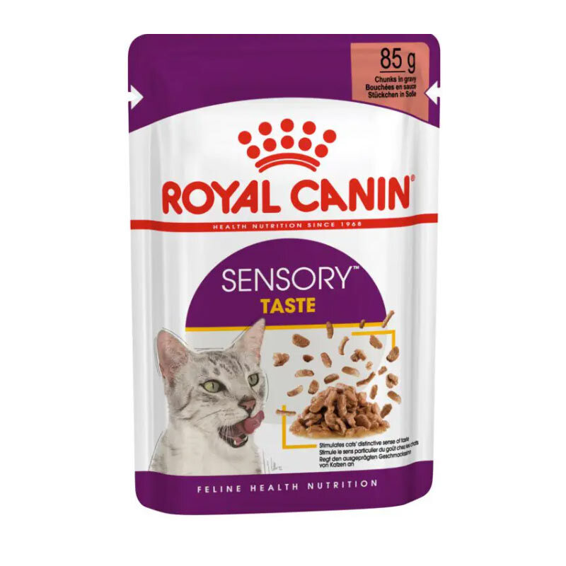  تصویر پوچ گربه حساس به طعم غذا رویال کنین در سس Royal Canin Sensory Taste In Gravy وزن 85 گرم 