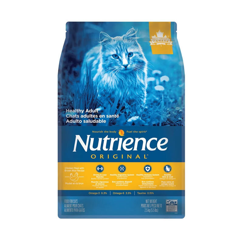  عکس بسته بندی غذای خشک گربه نوترینس با طعم مرغ و برنج قهوه ای Nutrience Original Adult Cat وزن 2.5 کیلوگرم از رو به رو 