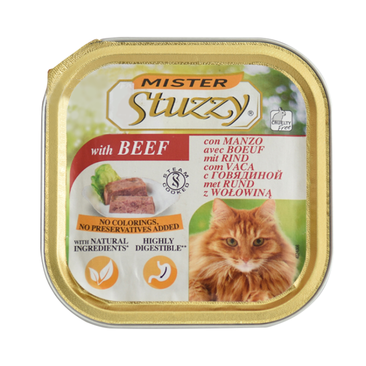 عکس بسته بندی غذای کاسهای گربه استوزی مدل Mister Beef وزن 100 گرم