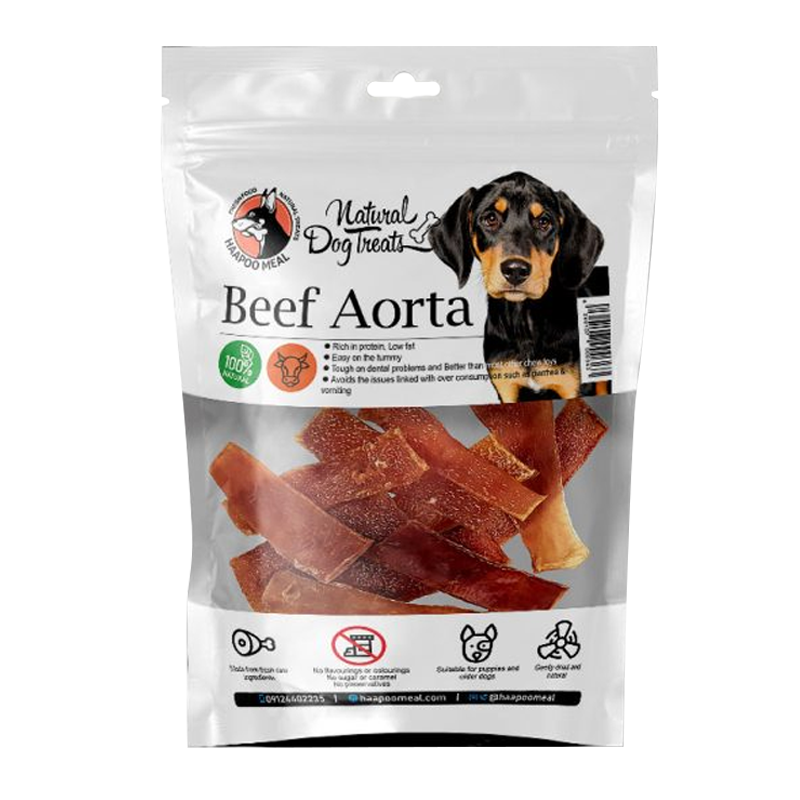  عکس بسته بندی تشویقی سگ هاپومیل مدل Beef Aorta وزن 50 گرم 