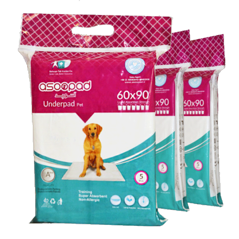 تصویر پد زیرانداز بهداشتی سگ و گربه آسوپد 60*90 بسته 5 عددی