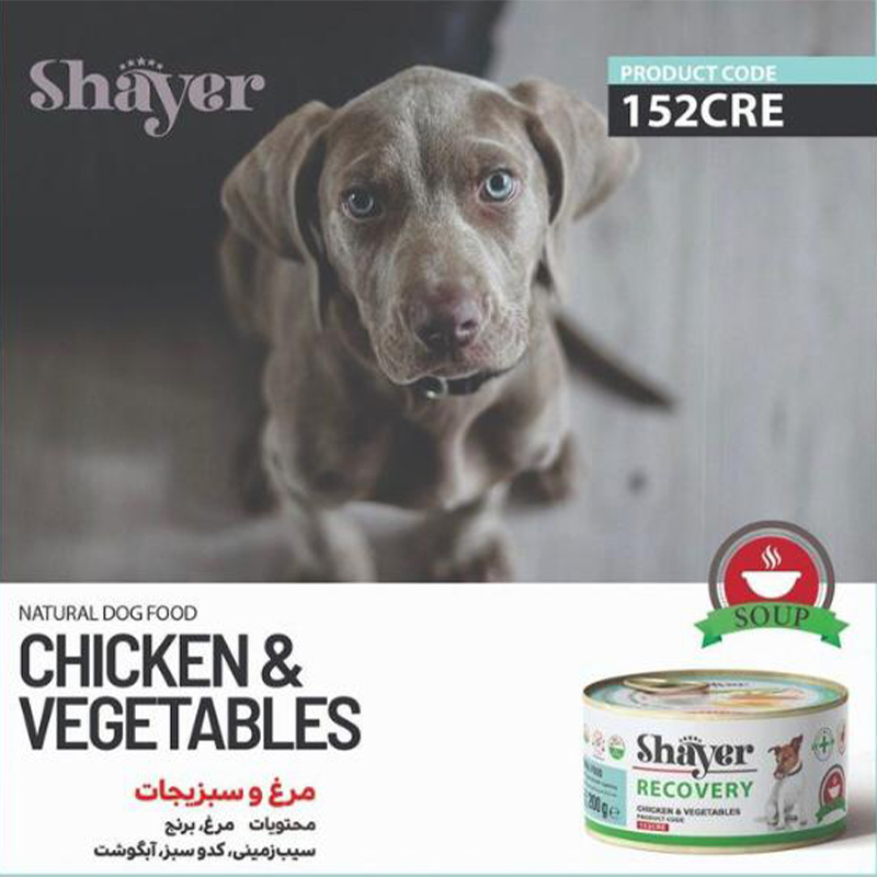  عکس تبلیغاتی کنسرو ریکاوری سگ شایر مدل Chicken & Vegetable وزن ۲۰۰ گرم 