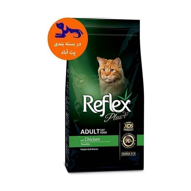 تصویر پشت بسته بندی غذای خشک گربه بالغ با طعم مرغ رفلکس پلاس Reflex Plus Adult Chicken وزن 1 کیلوگرم