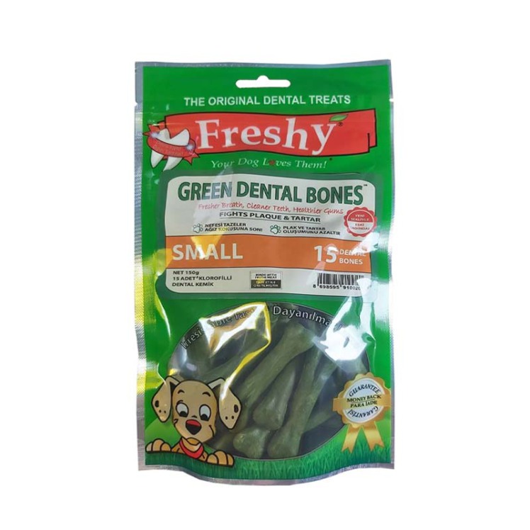 عکس جزییات و محتویات تشویقی استخوانی سگ فرشی Freshy Green Dental Bones بسته 15 عددی